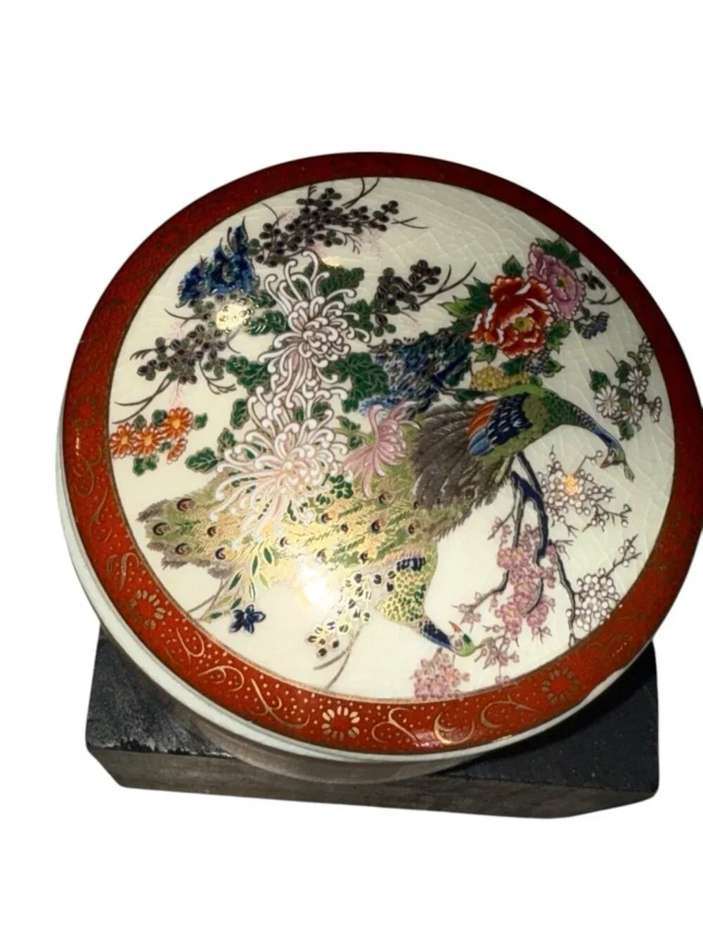 Vintage Satsuma Japanese Peacock Musical Jewelry Trinket Music Box 3.75